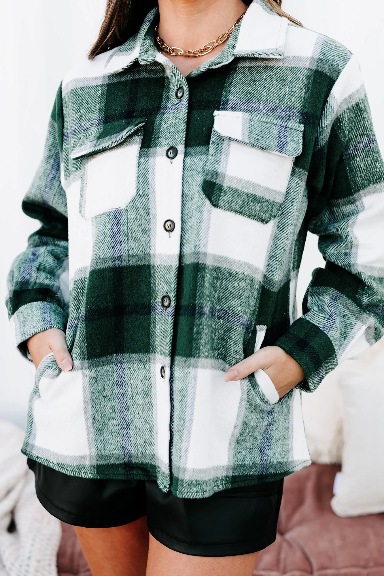 Into The Wilderness Oversized Plaid Shacket (Hunter Green)