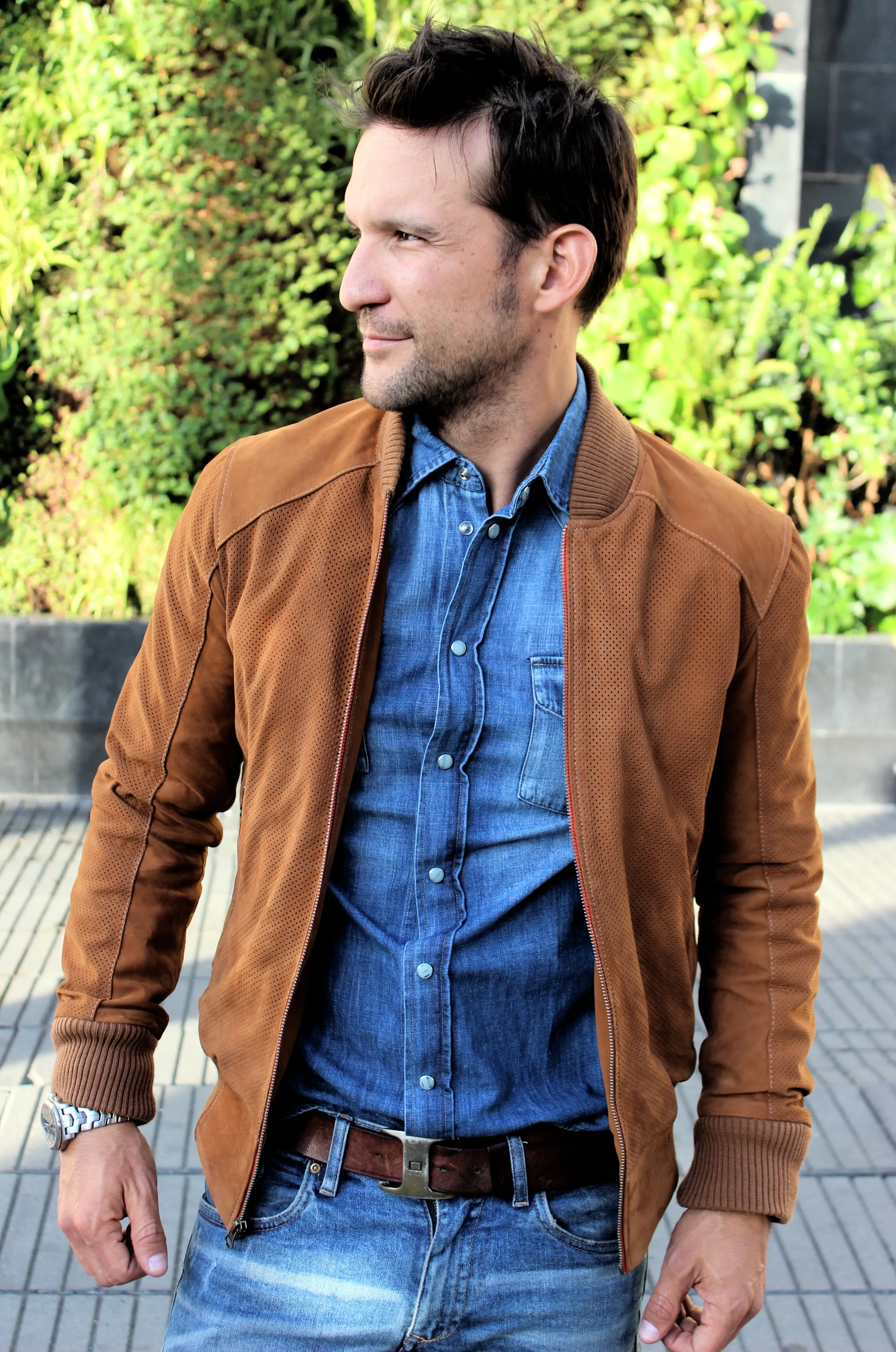 ITALO Bomber Jacket in Perforated Suede - Camel -