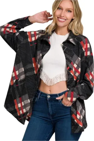 Jacquard Plaid Shacket With Pockets