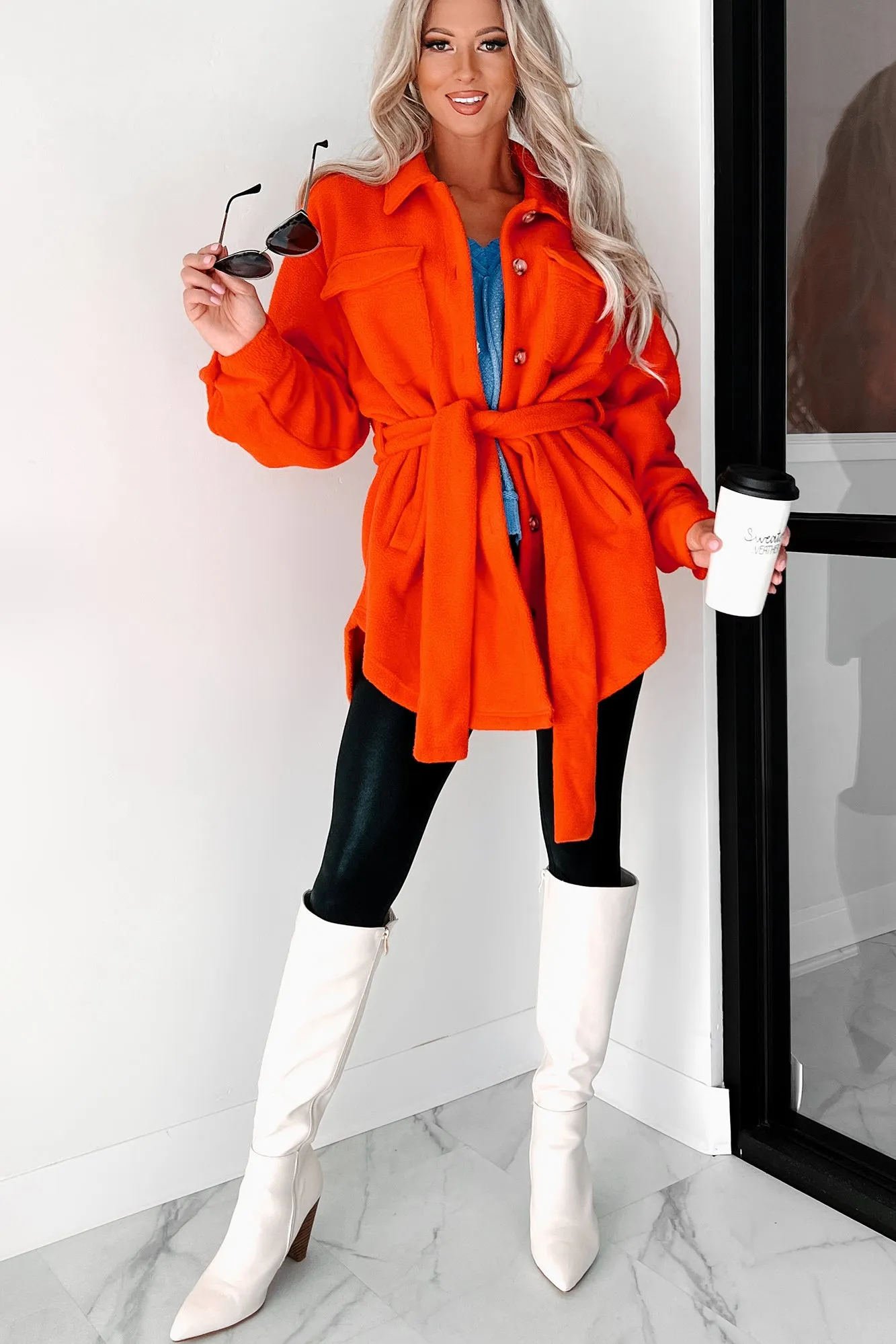 Jayda Belted Fleece Shacket (Orange)