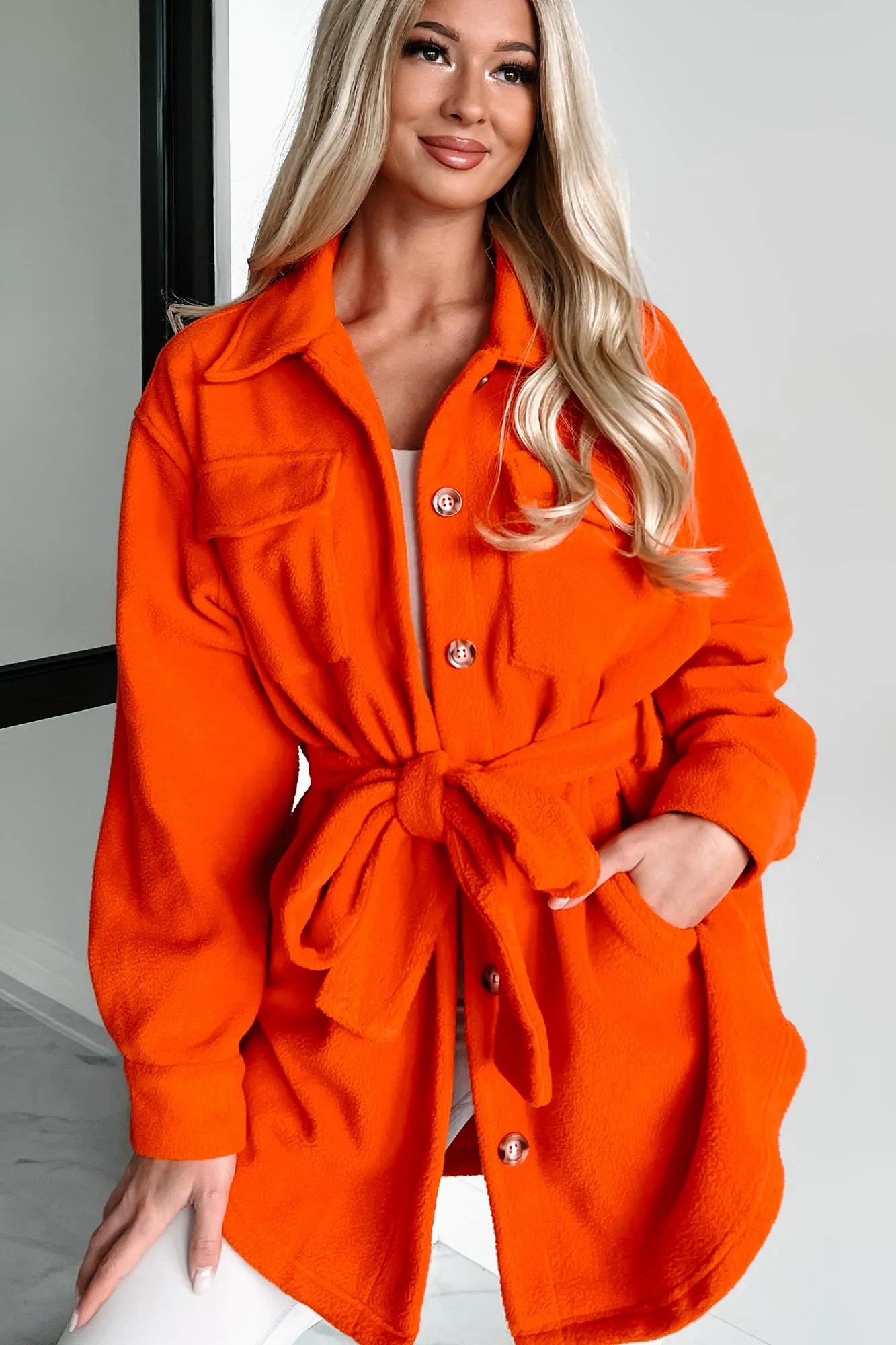 Jayda Belted Fleece Shacket (Orange)