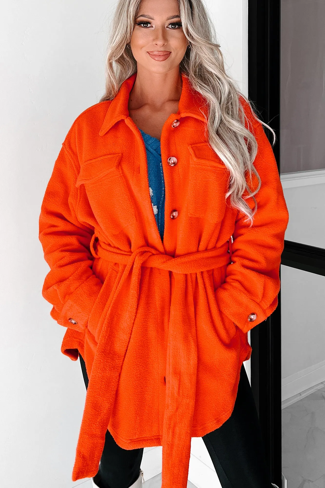 Jayda Belted Fleece Shacket (Orange)