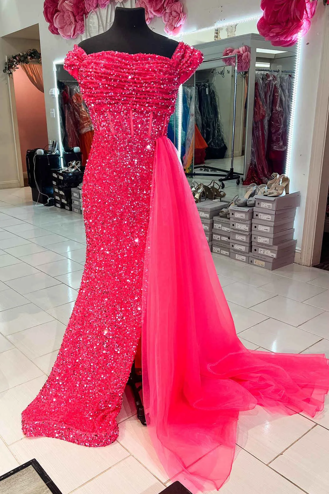 kamahe Pleated Hot Pink Off the Shoulder Sequin Prom Dress with Cape