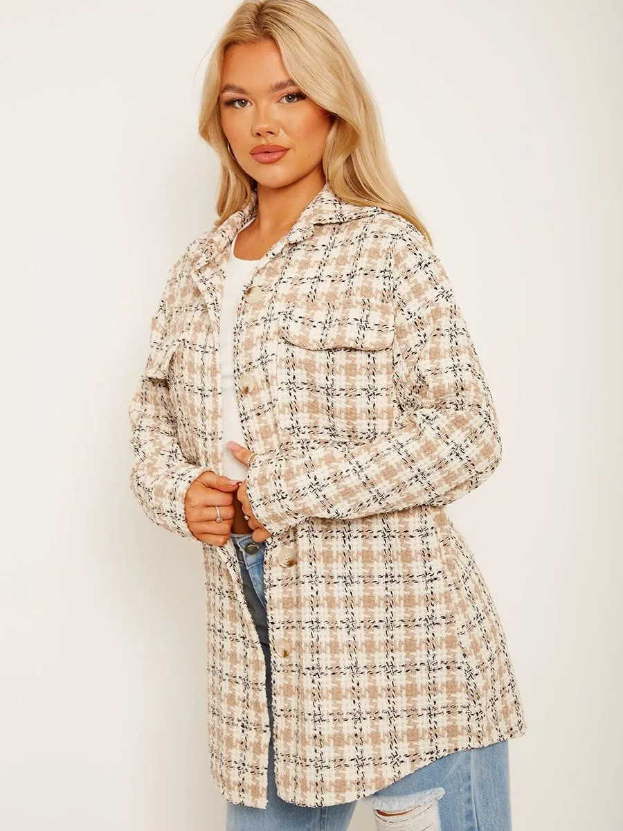 Kayle Plaid Dual Pocket Tweed Shacket In Stone