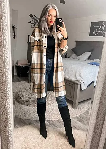 KIRUNDO 2023 Fall Winter Women's Long Flannel Plaid Shirts Jacket Casual Long Sleeve Boyfriend Button Down Shacket Coats(Khaki, Small)