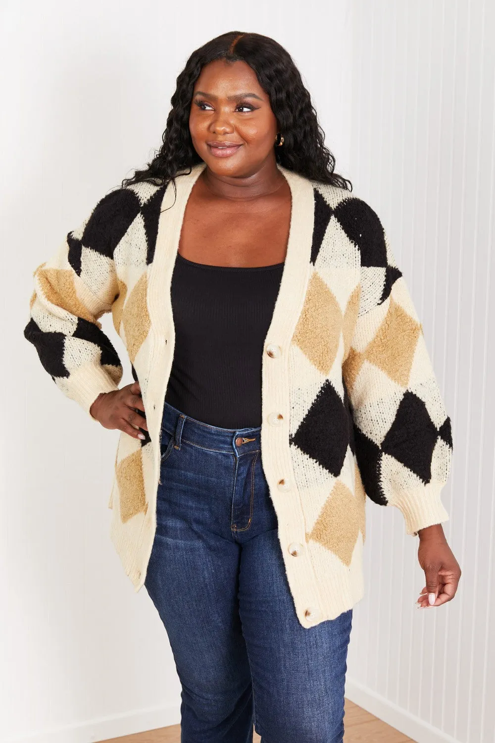 Know-It-All Full Size Argyle Longline Cardigan