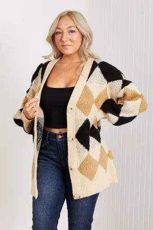 Know-It-All Full Size Argyle Longline Cardigan