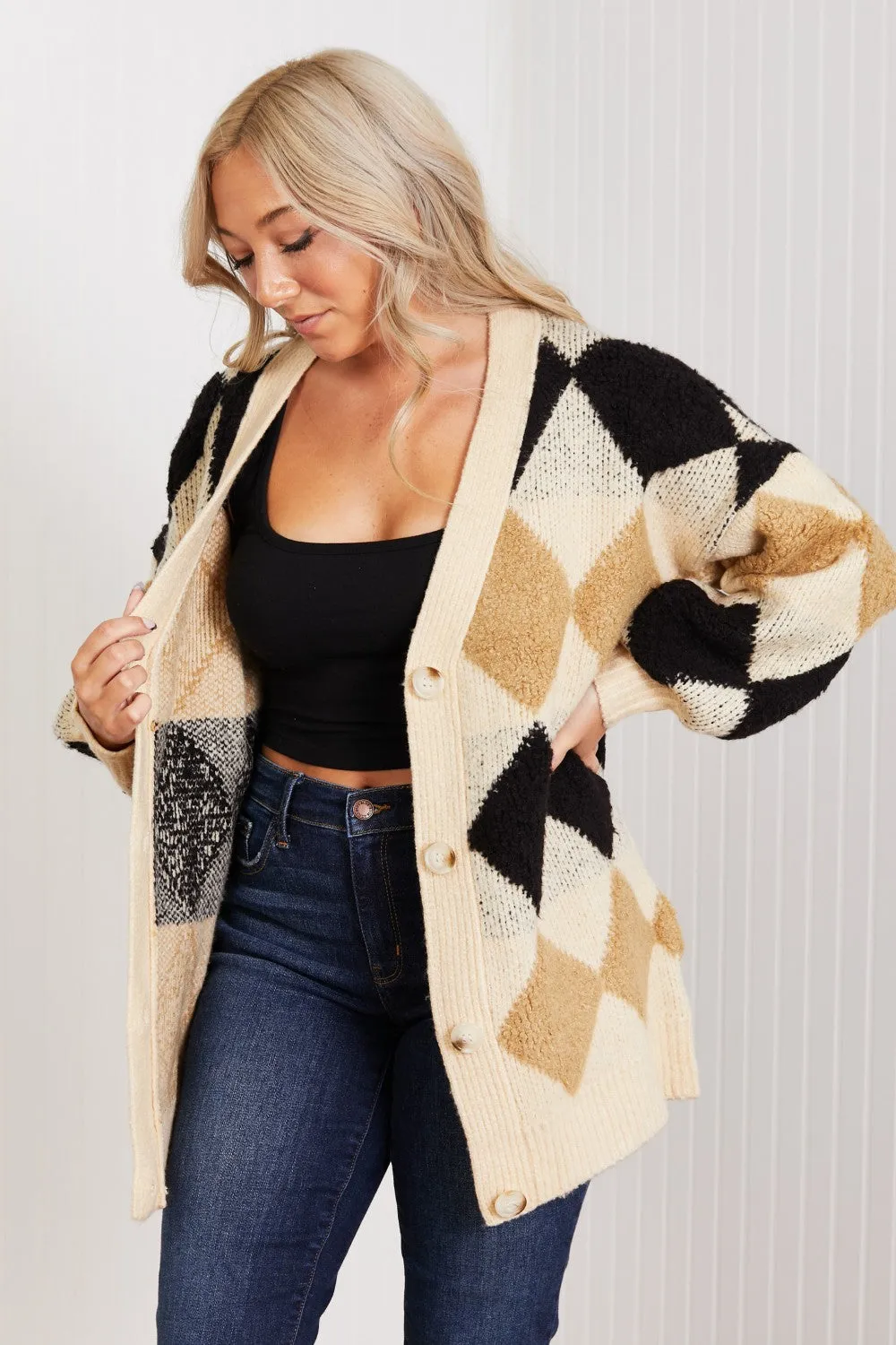 Know-It-All Full Size Argyle Longline Cardigan