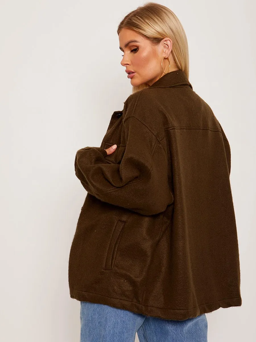 Leah Plain Classic Thick Shacket In Khaki