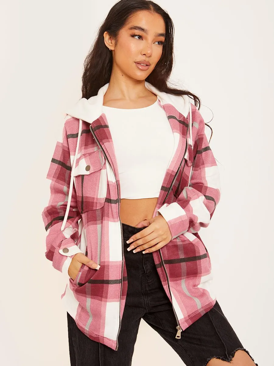 Lisa Thick Checked Shacket With Zip & Hood In Wine