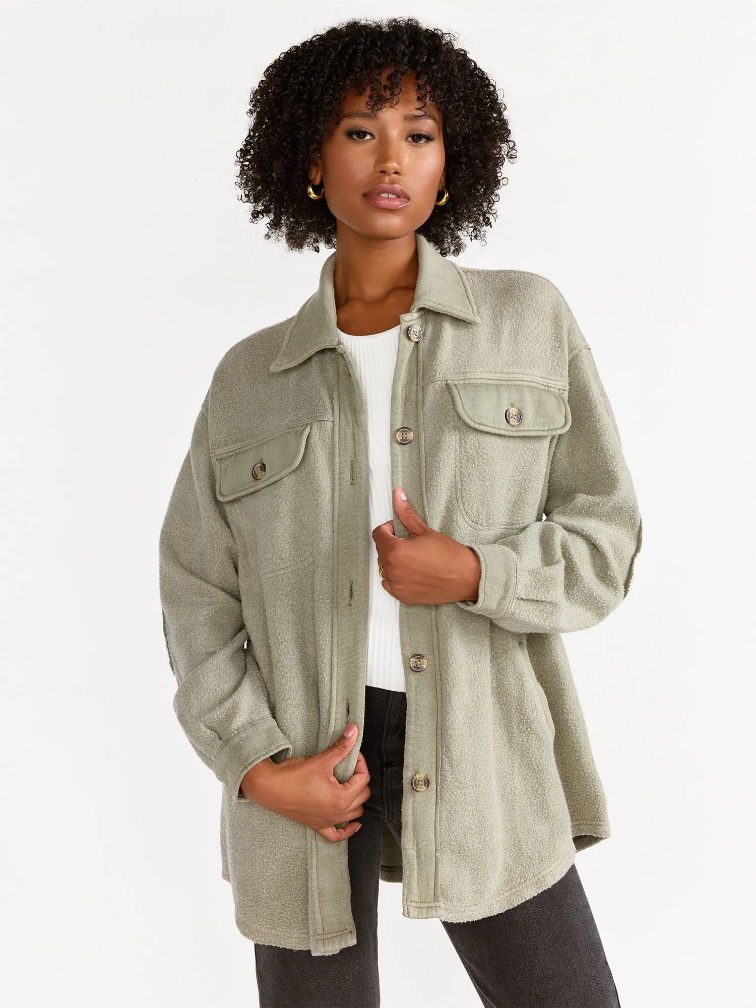 Long-Sleeve Washed Fleece Shacket - Stoosh