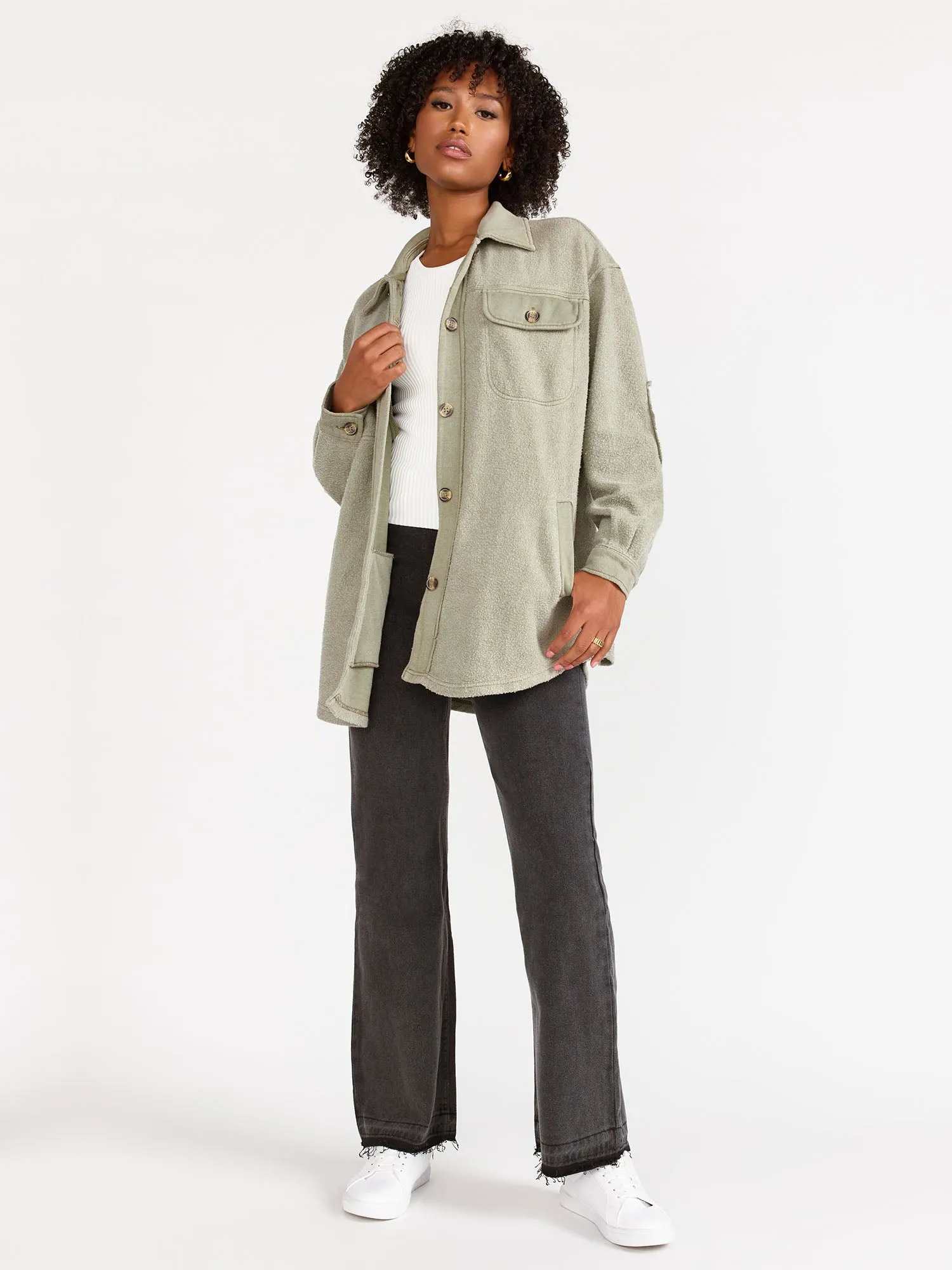 Long-Sleeve Washed Fleece Shacket - Stoosh