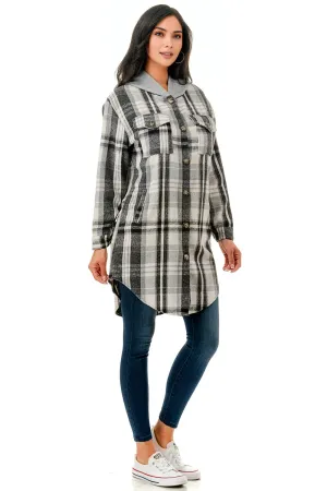 Malibu Plaid over size long flannel shacket with hood jk0388 black