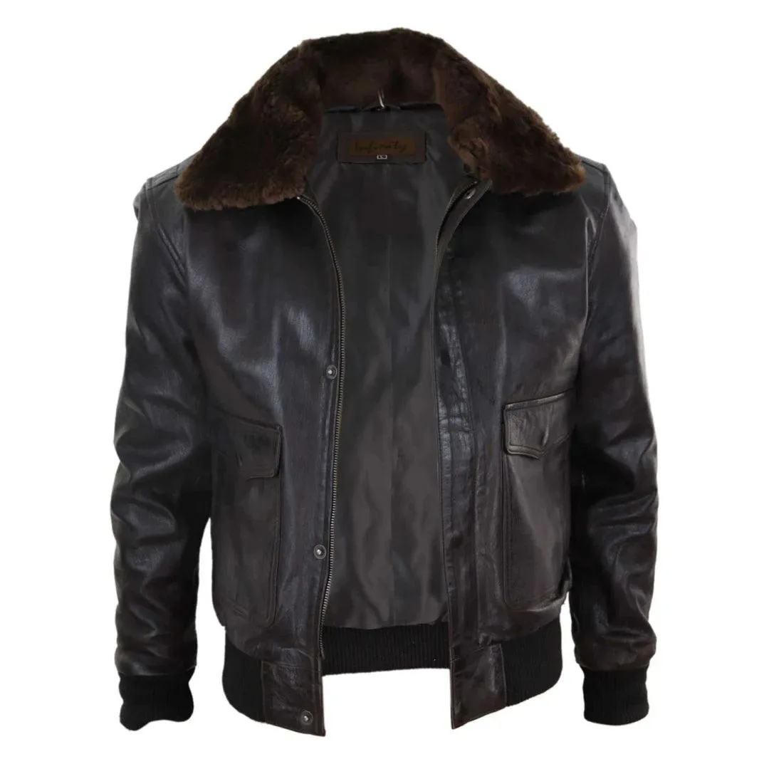 Mens Real Leather Aviator Bomber Jacket Removable Fur Collar Pilot Flying Jacket