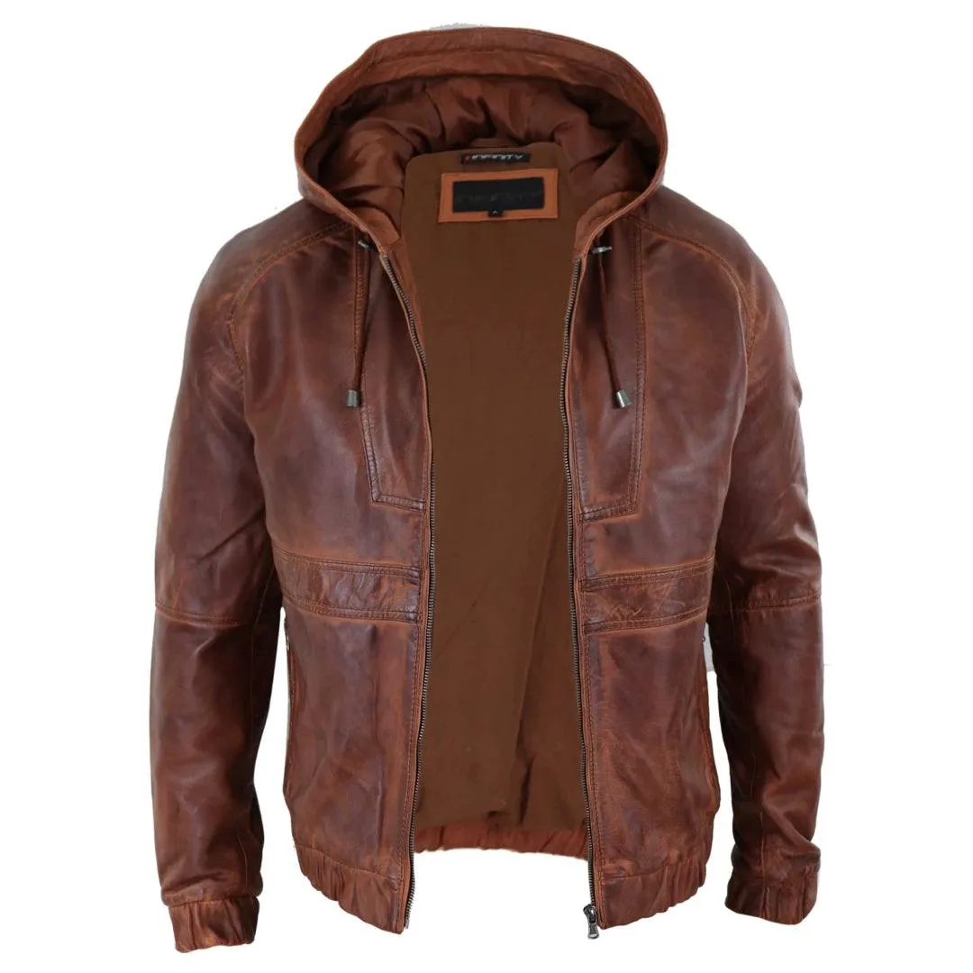 Mens Real Leather Hood Bomber Jacket Tan Brown Black Zipped Tailored Fit Casual