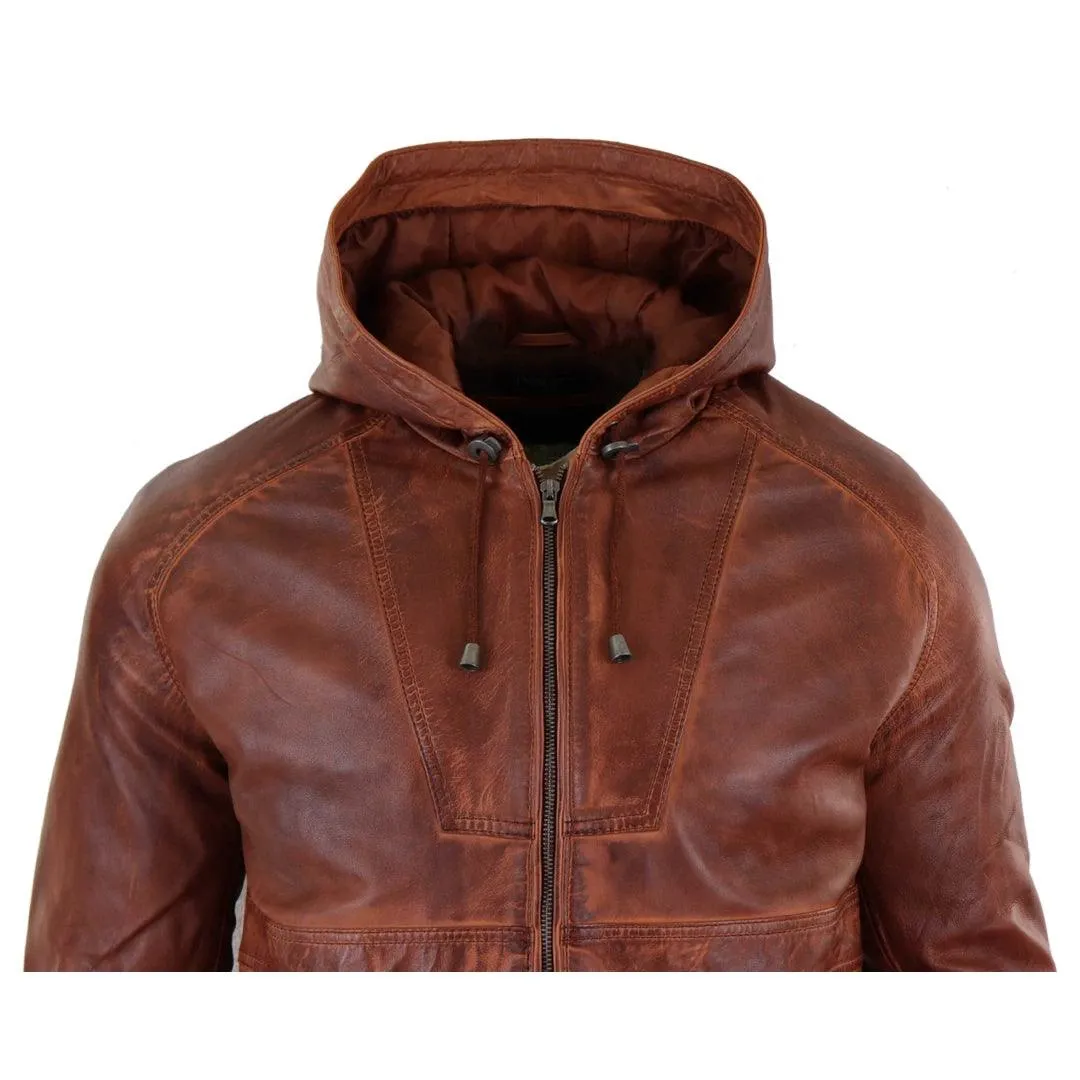 Mens Real Leather Hood Bomber Jacket Tan Brown Black Zipped Tailored Fit Casual