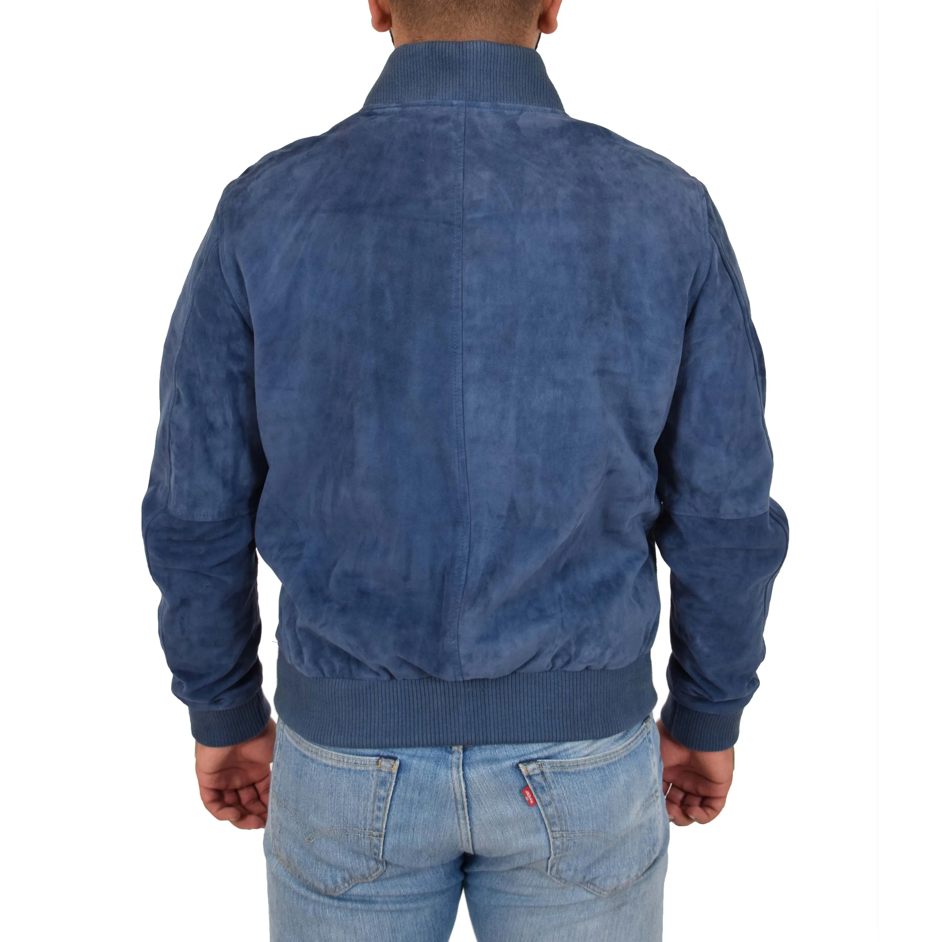 Mens Soft Goat Suede Bomber Varsity Baseball Jacket Blur Blue