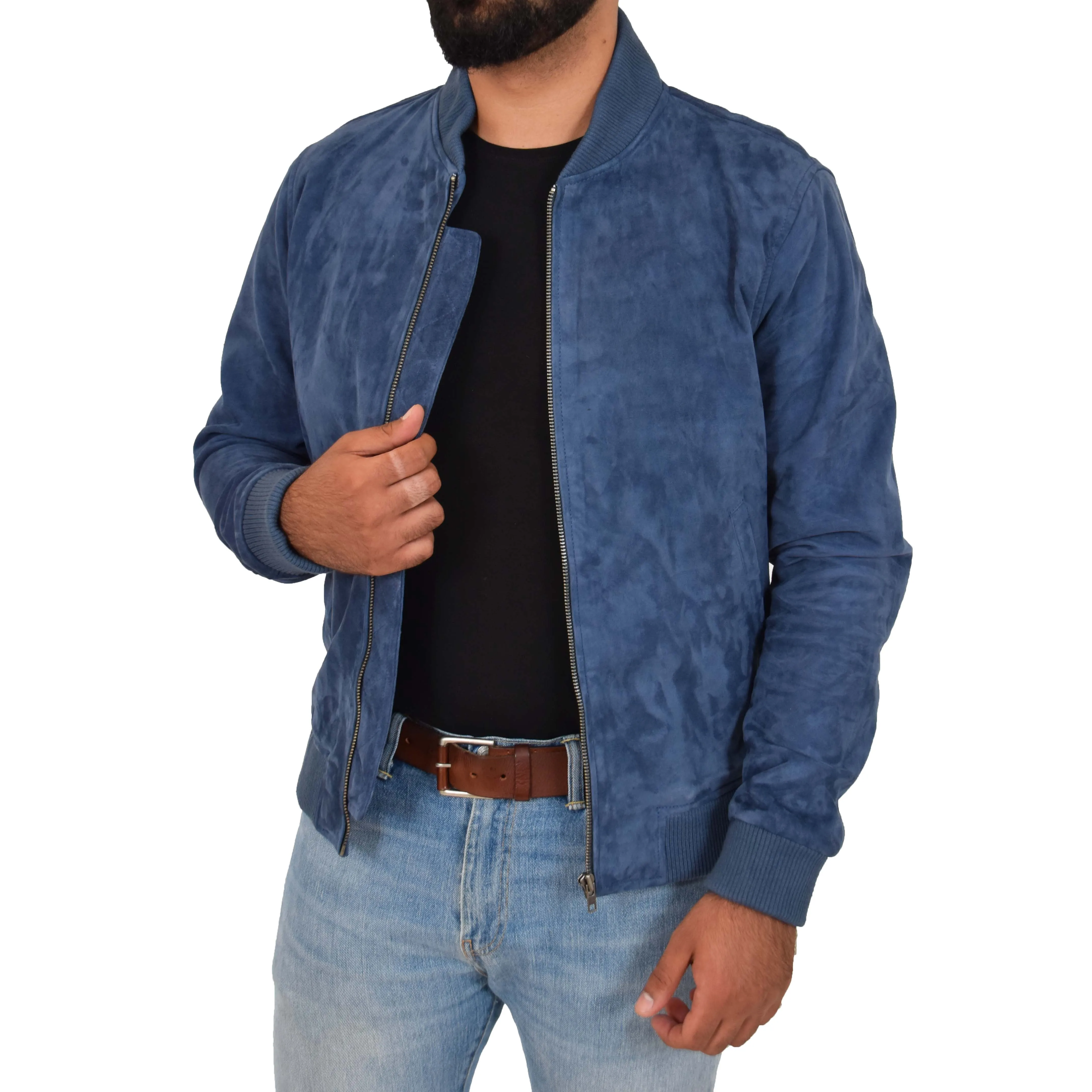 Mens Soft Goat Suede Bomber Varsity Baseball Jacket Blur Blue