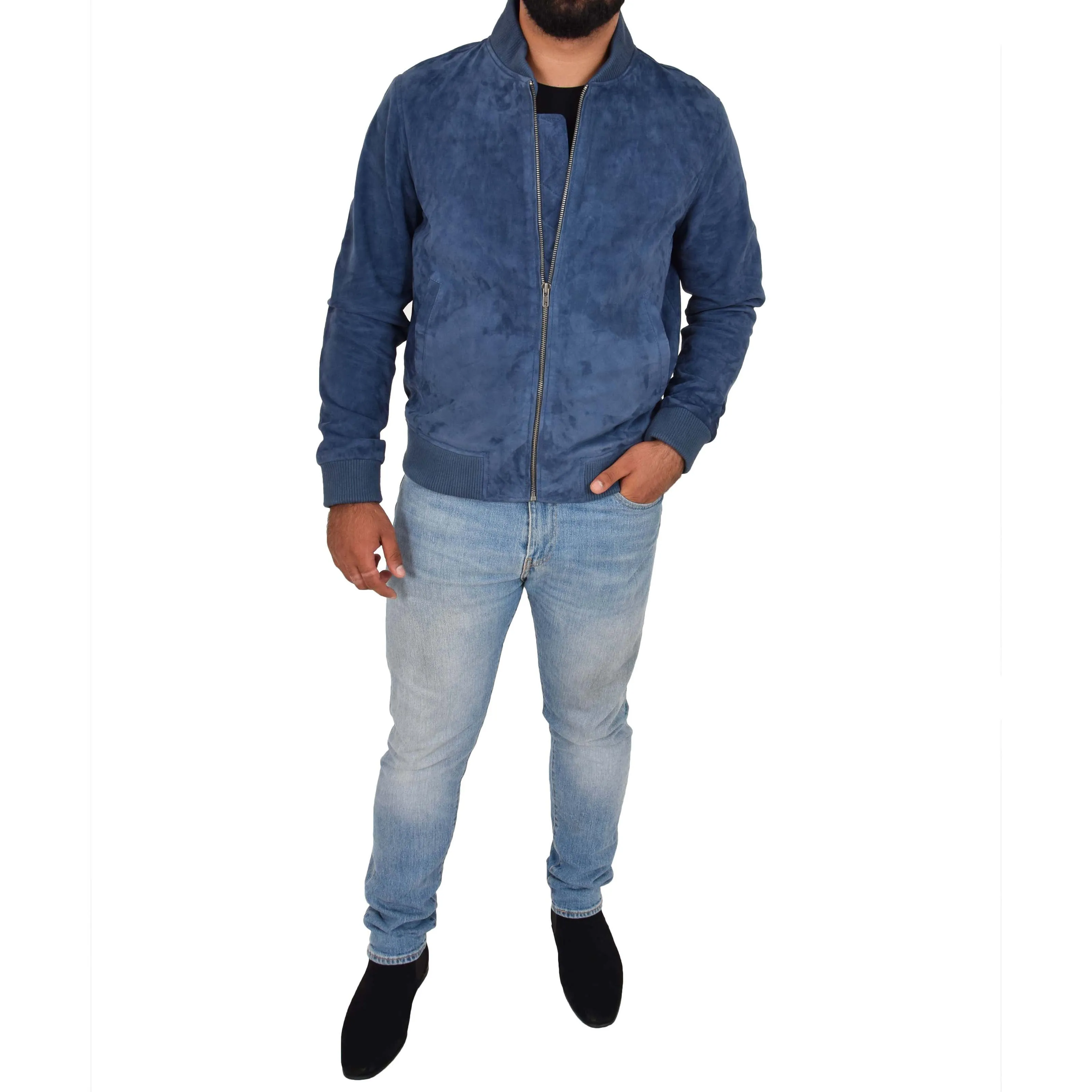 Mens Soft Goat Suede Bomber Varsity Baseball Jacket Blur Blue