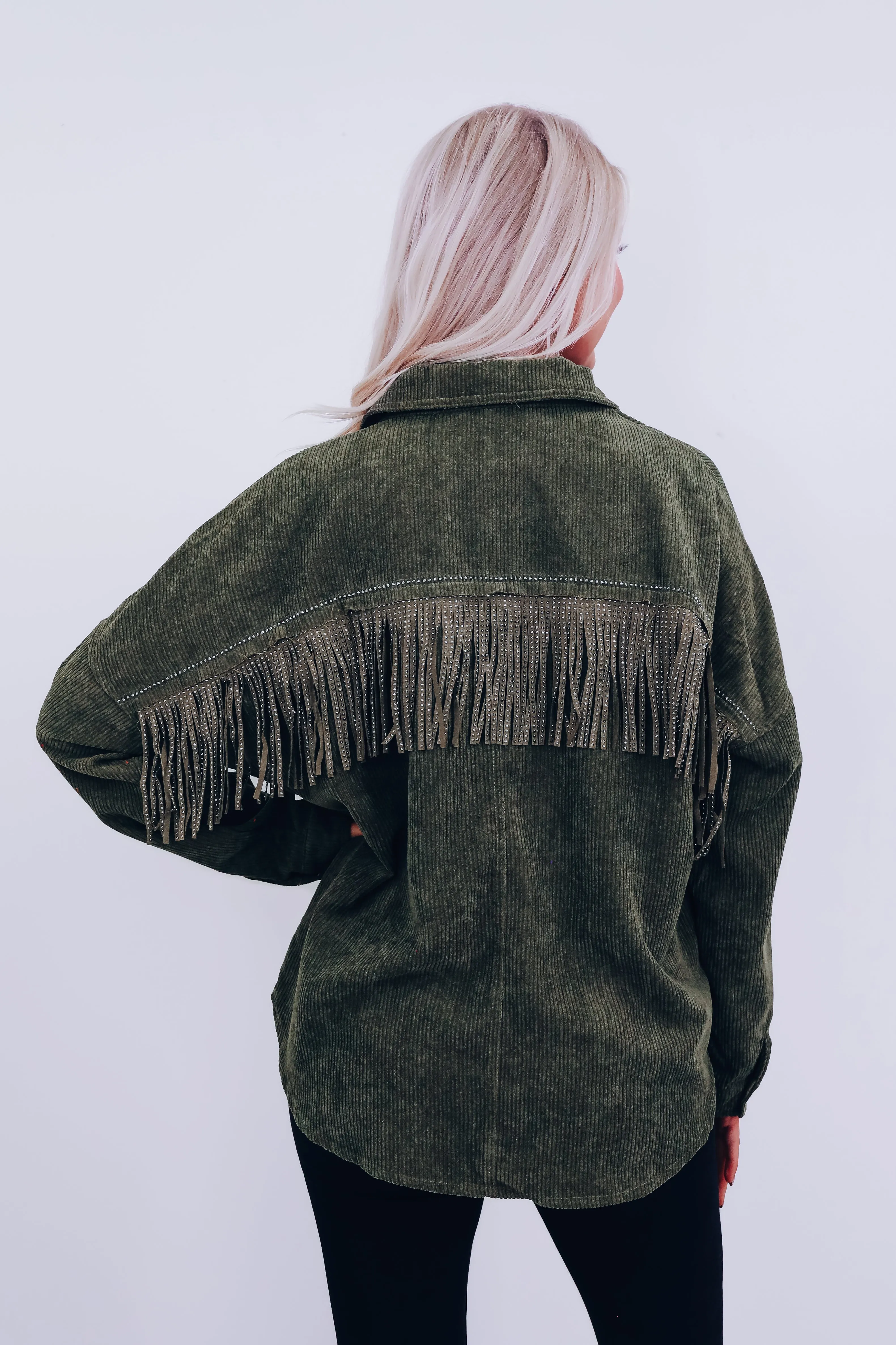 Mia Micro Corduroy Fringe Shacket - Olive