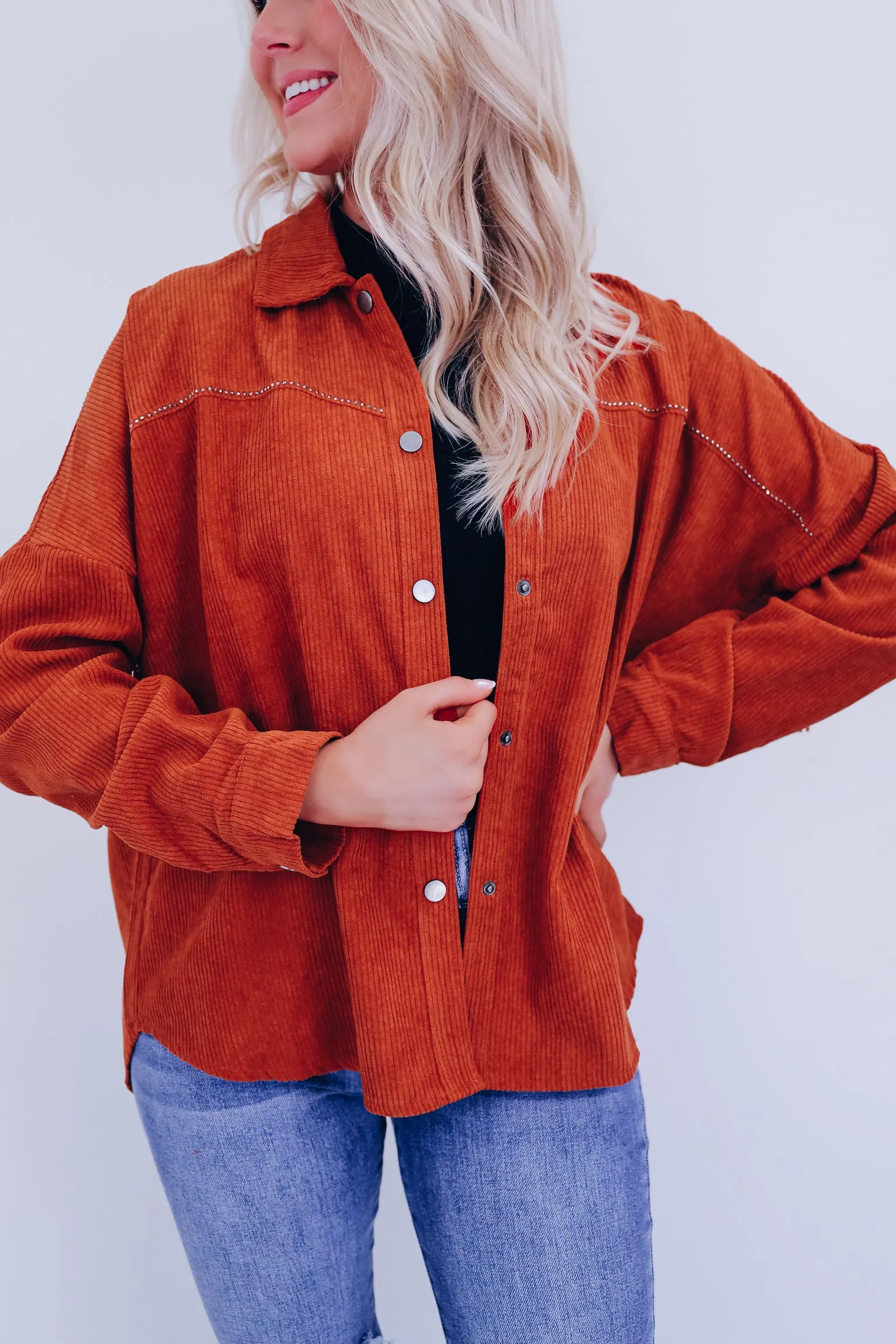 Mia Micro Corduroy Fringe Shacket - Rust