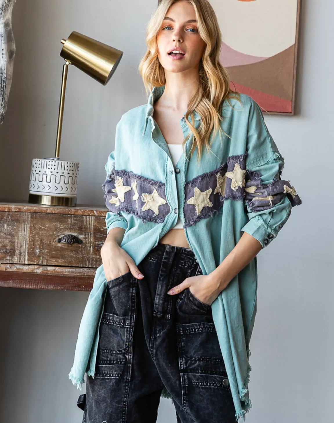 Mineral Washed Stars Oversized Shacket