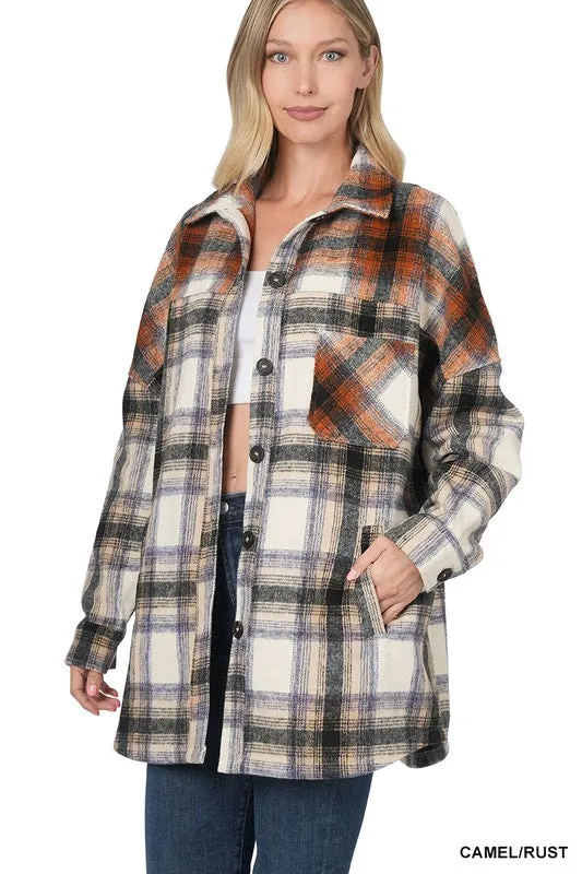 Mix Plaid Oversized Shacket - Camel/Rust