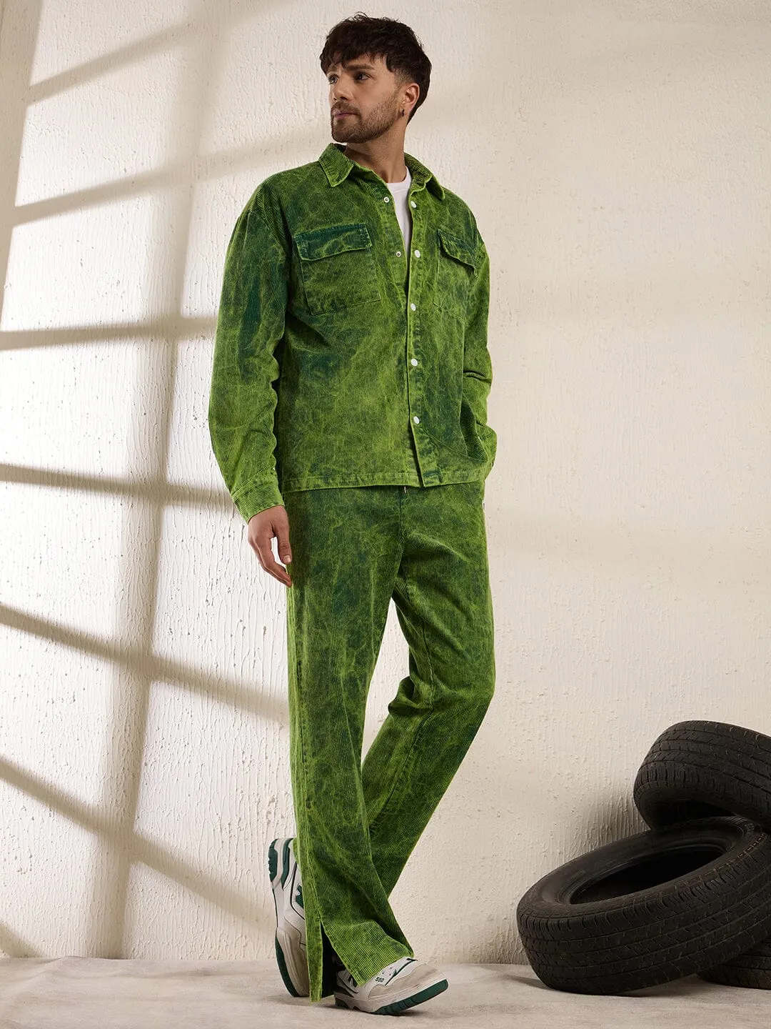 Neon Dyed Washed Cord Shacket and Trackpant Clothing set