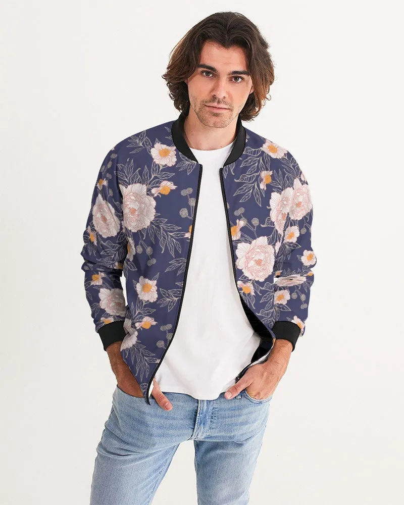 Orange Peonies Floral Orient Blue Men's Bomber Jacket