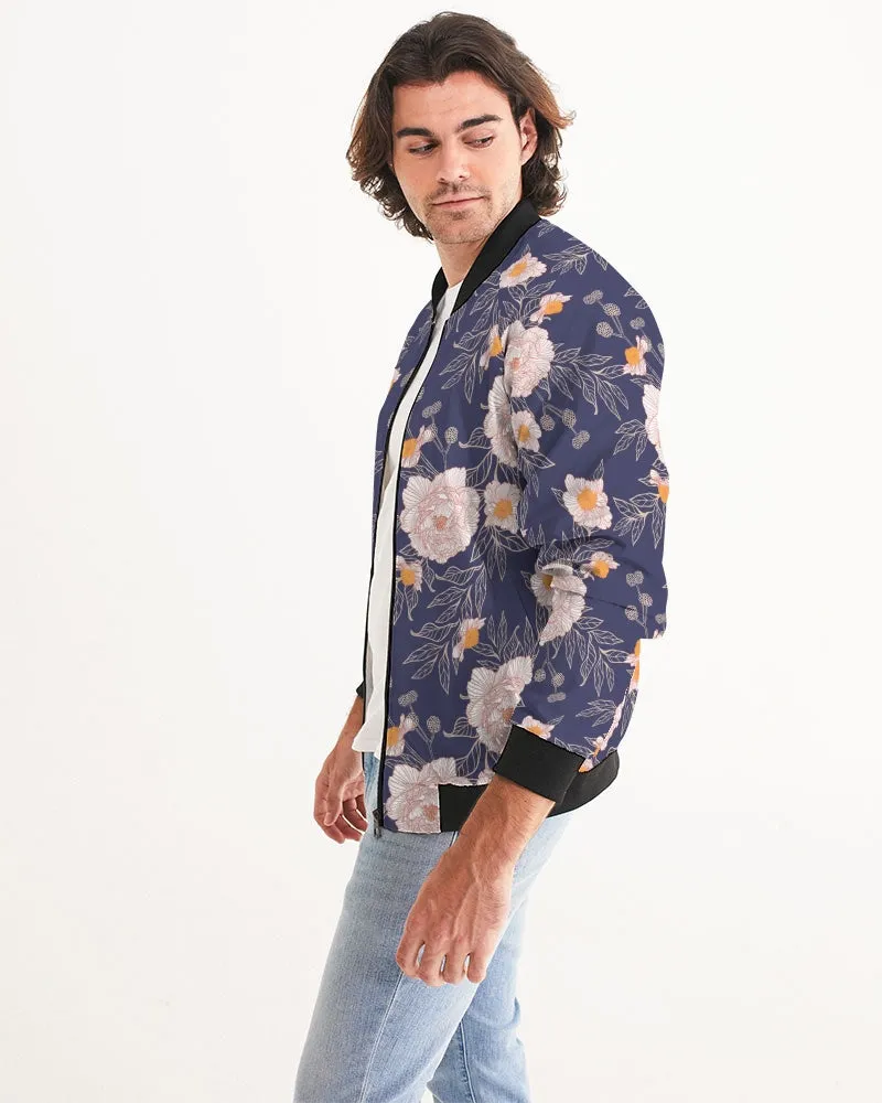 Orange Peonies Floral Orient Blue Men's Bomber Jacket