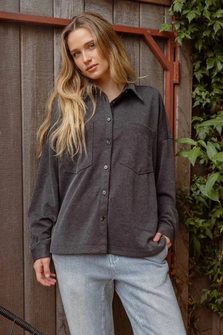 OVERSIZED PINSTRIPE BUTTON DOWN SHACKET