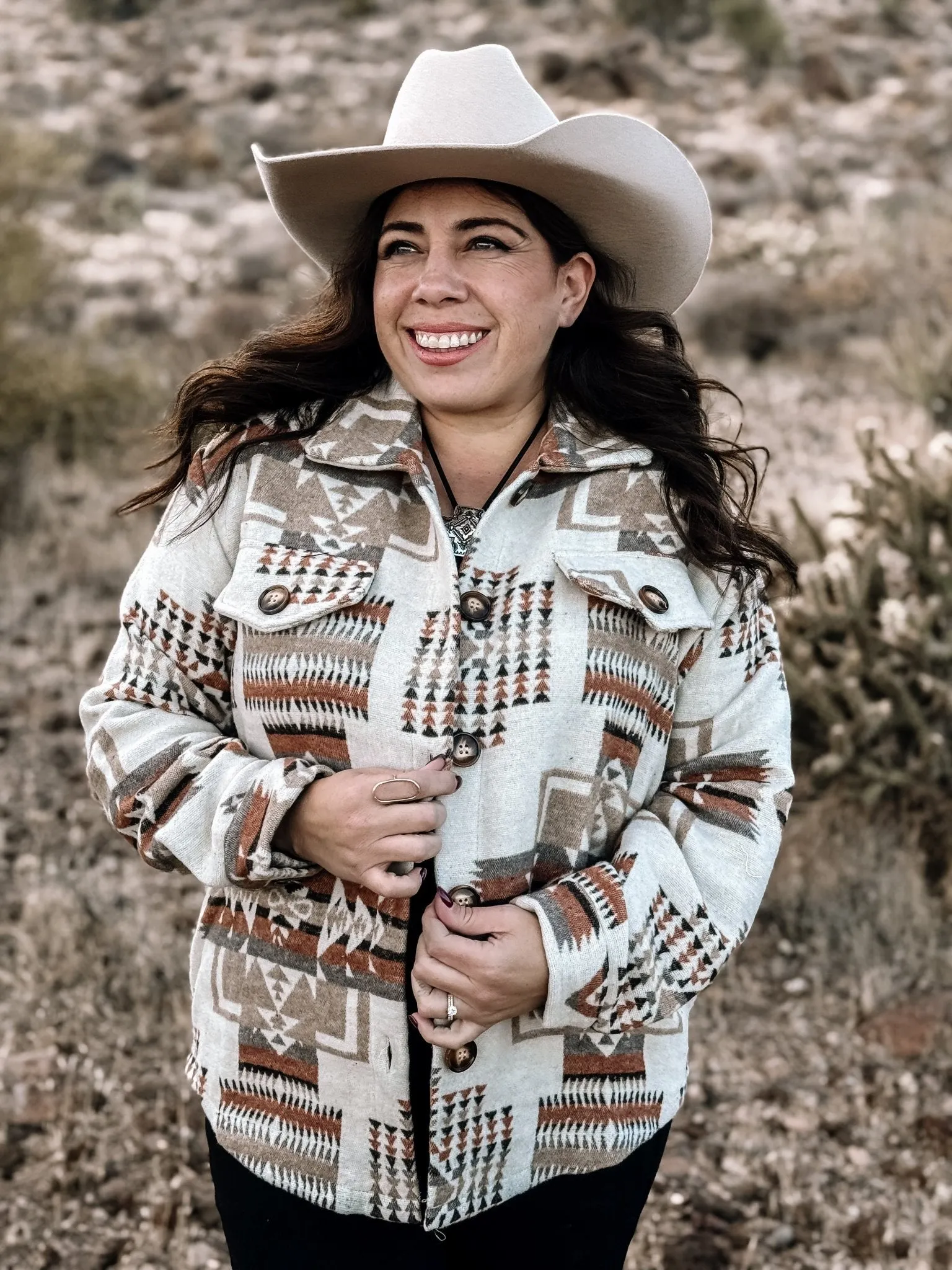 Painted Desert Western Boho Button Down Shacket, Ivory