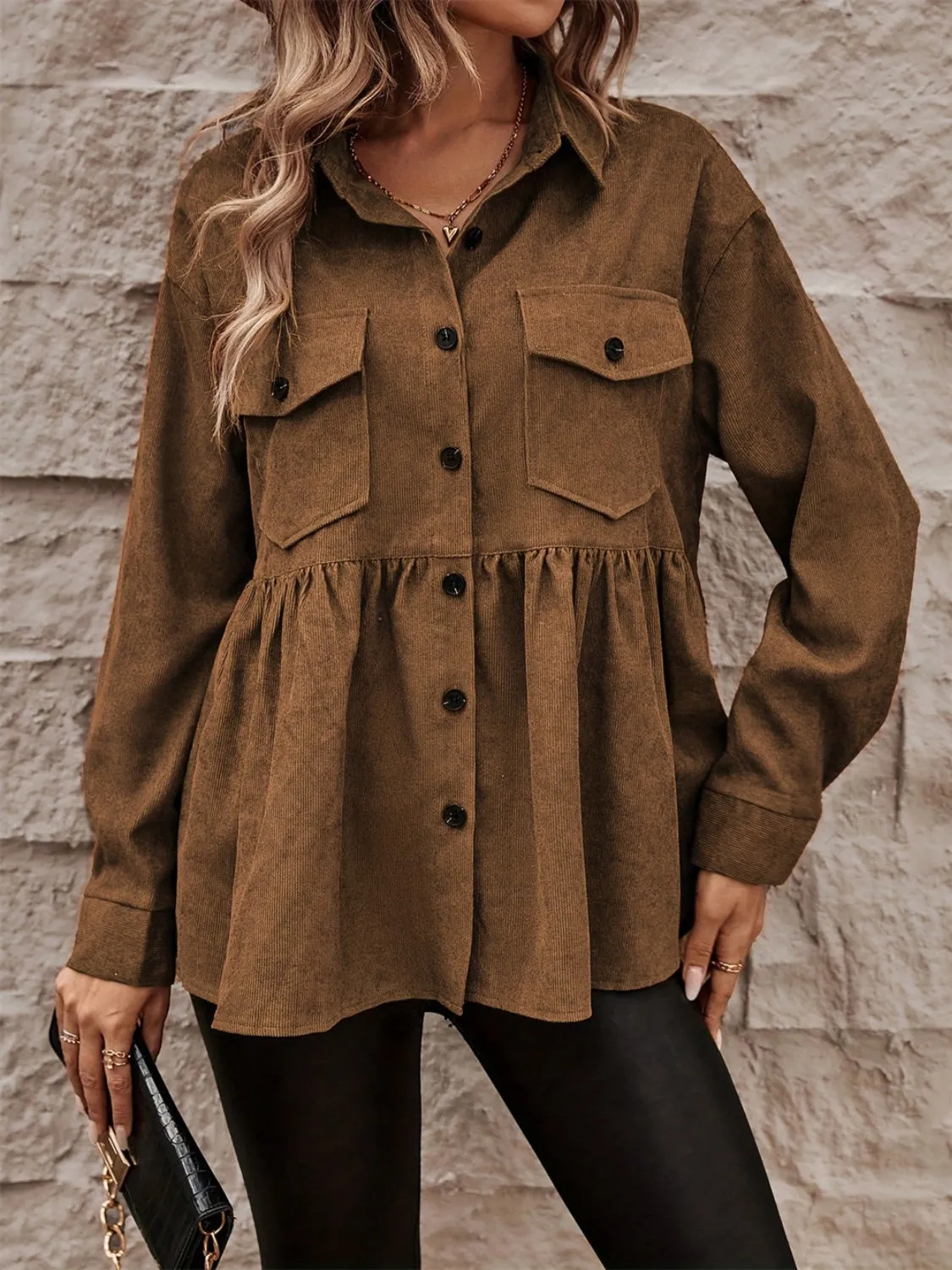 Peplum Collared Neck Long Sleeve Shacket