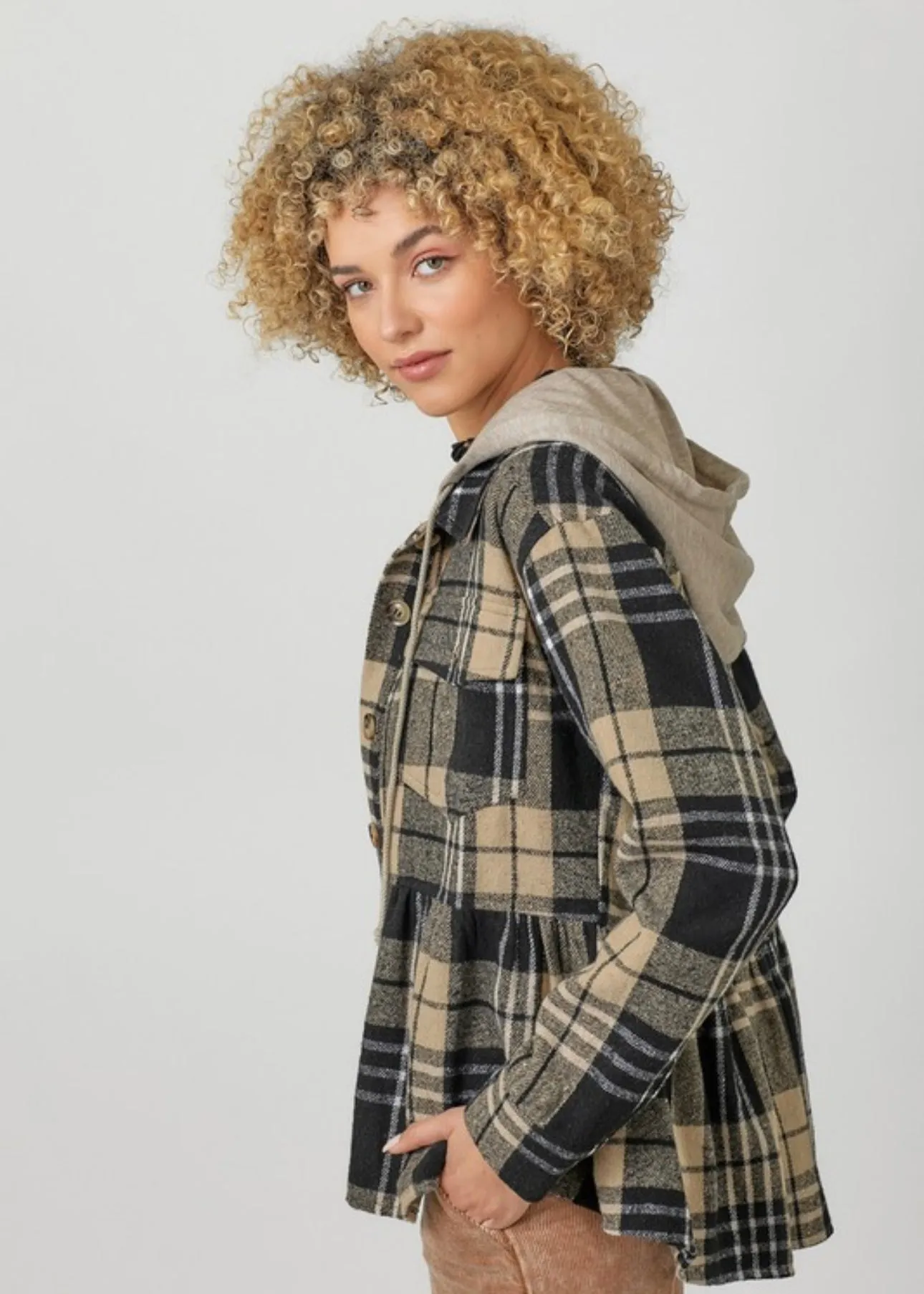 Peplum Plaid Hooded Shacket - FINAL SALE