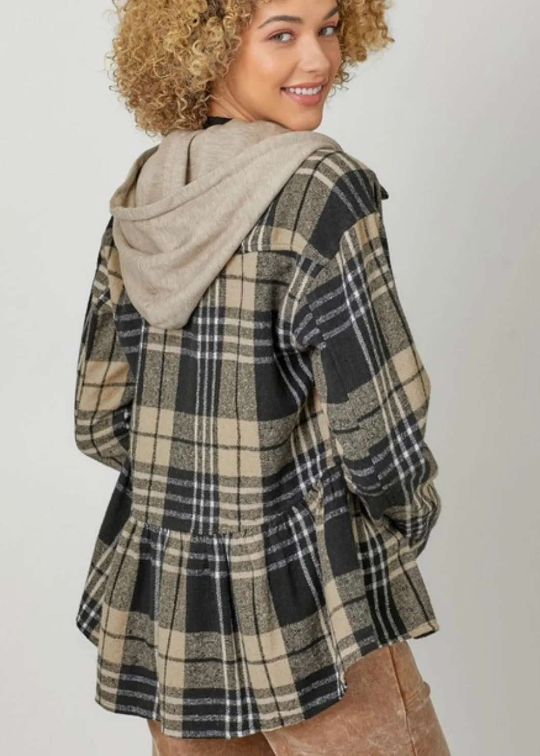 Peplum Plaid Hooded Shacket - FINAL SALE