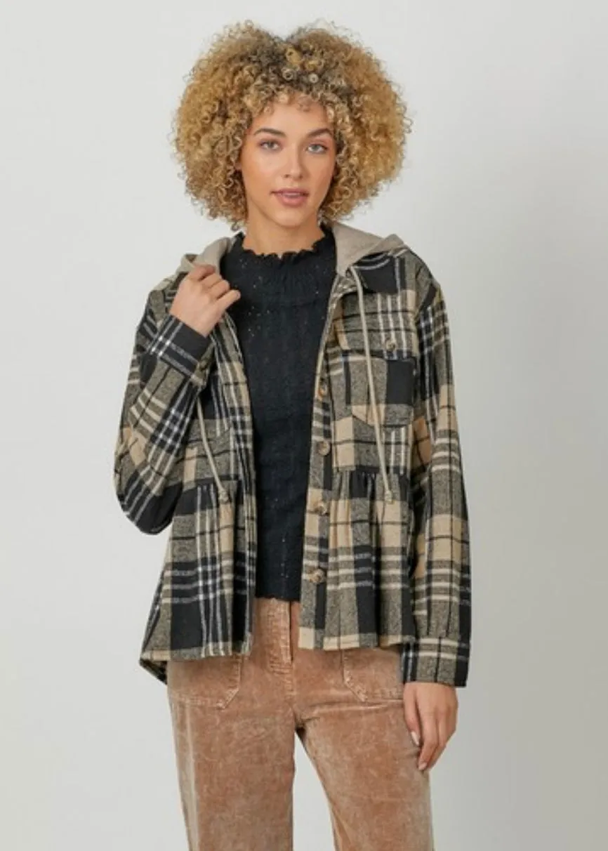 Peplum Plaid Hooded Shacket - FINAL SALE