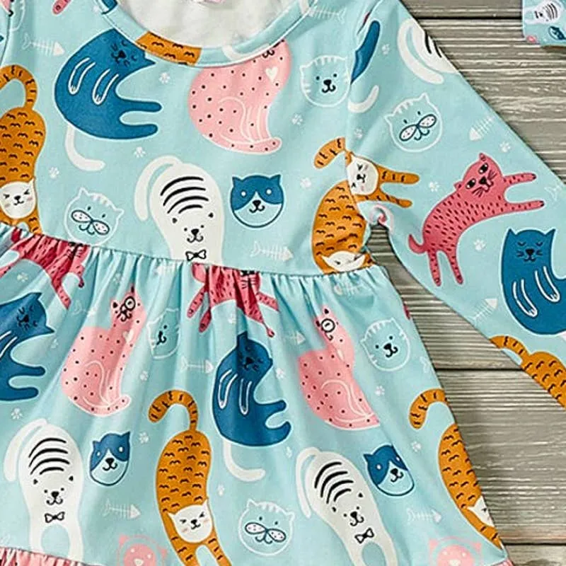 PETE   LUCY Playful Cats Teal Pink Long Sleeve Ruffle Dress