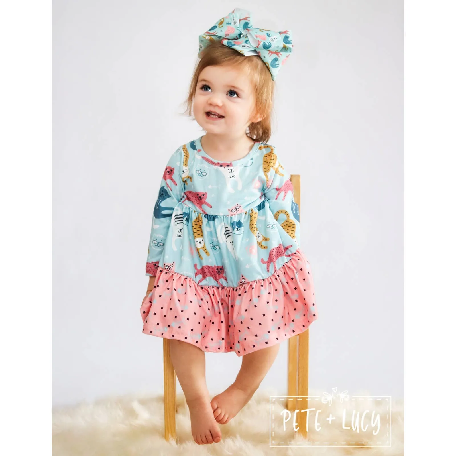 PETE   LUCY Playful Cats Teal Pink Long Sleeve Ruffle Dress