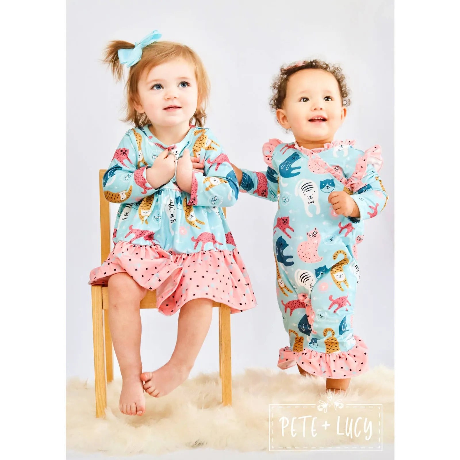 PETE   LUCY Playful Cats Teal Pink Long Sleeve Ruffle Dress