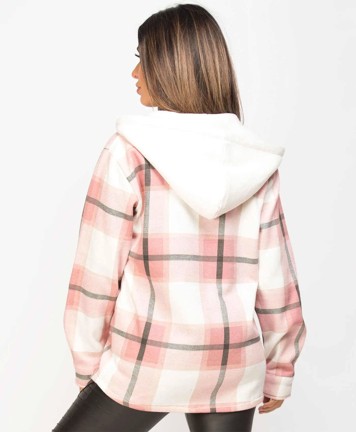 Pink Fleece Hooded Zipper Check Shirt Shacket