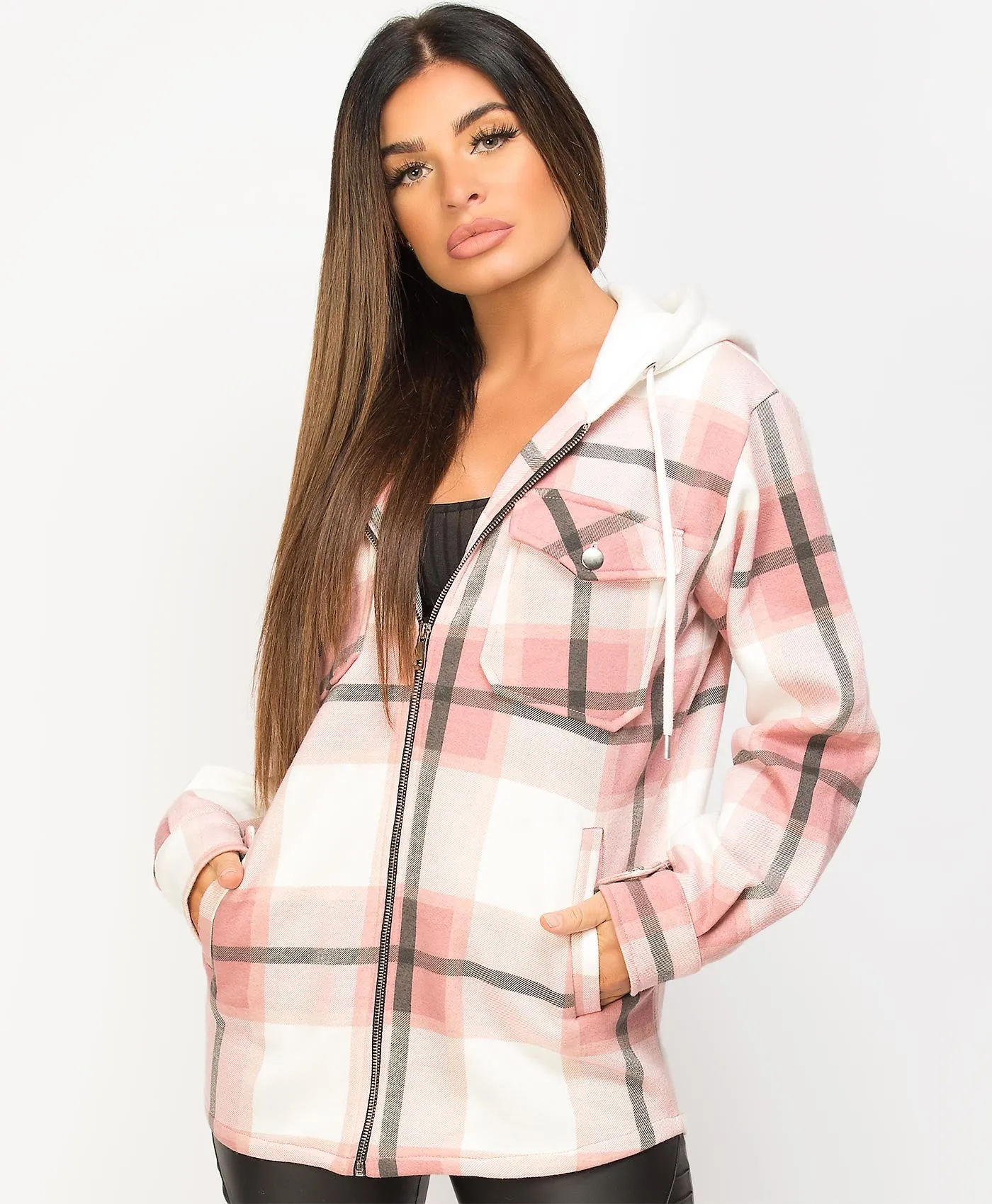 Pink Fleece Hooded Zipper Check Shirt Shacket