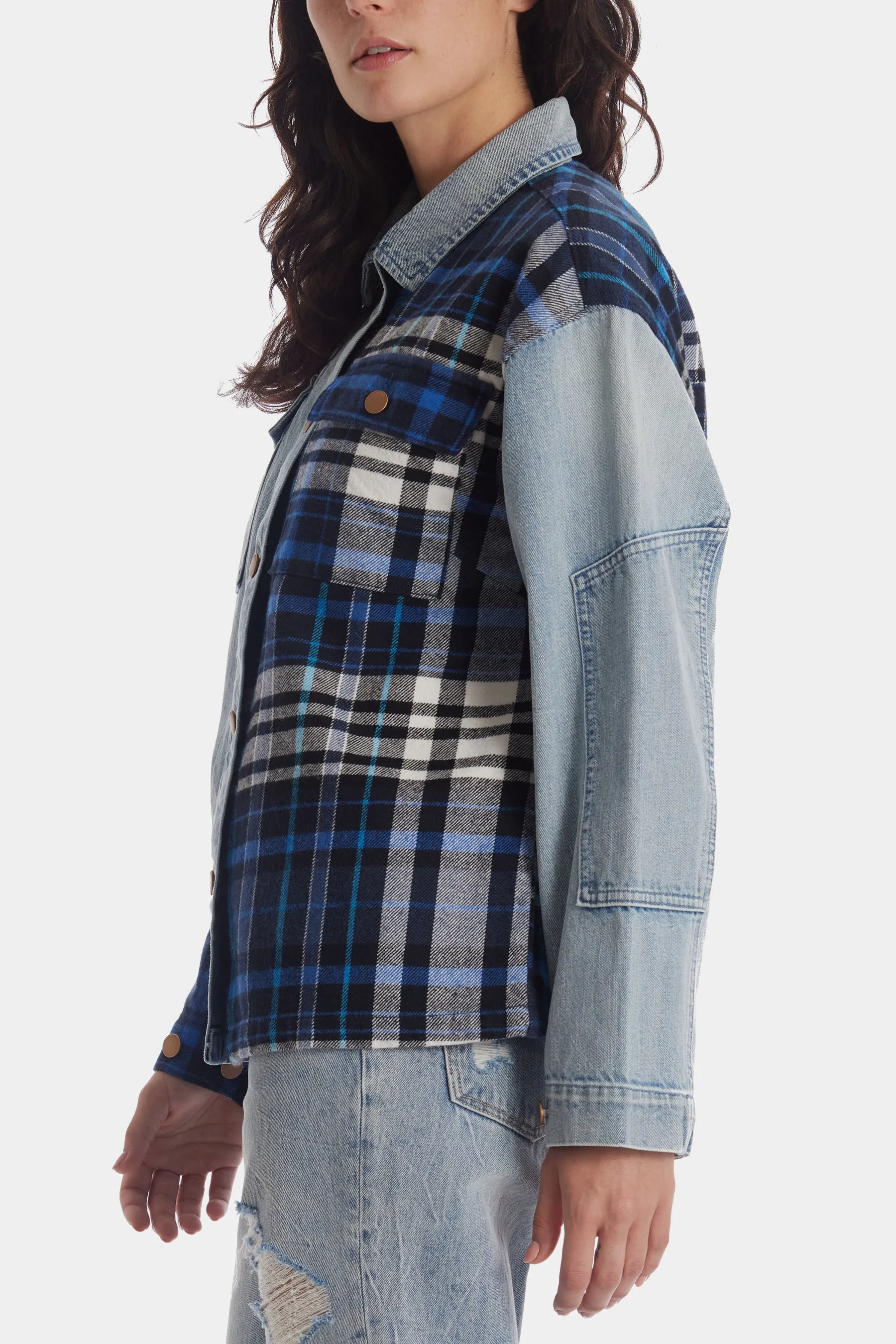 Plaid Denim Patchwork Shacket