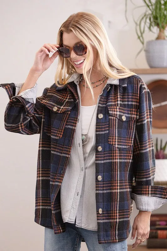 POCKETED PLAID SHACKET (NAVY/RUST)