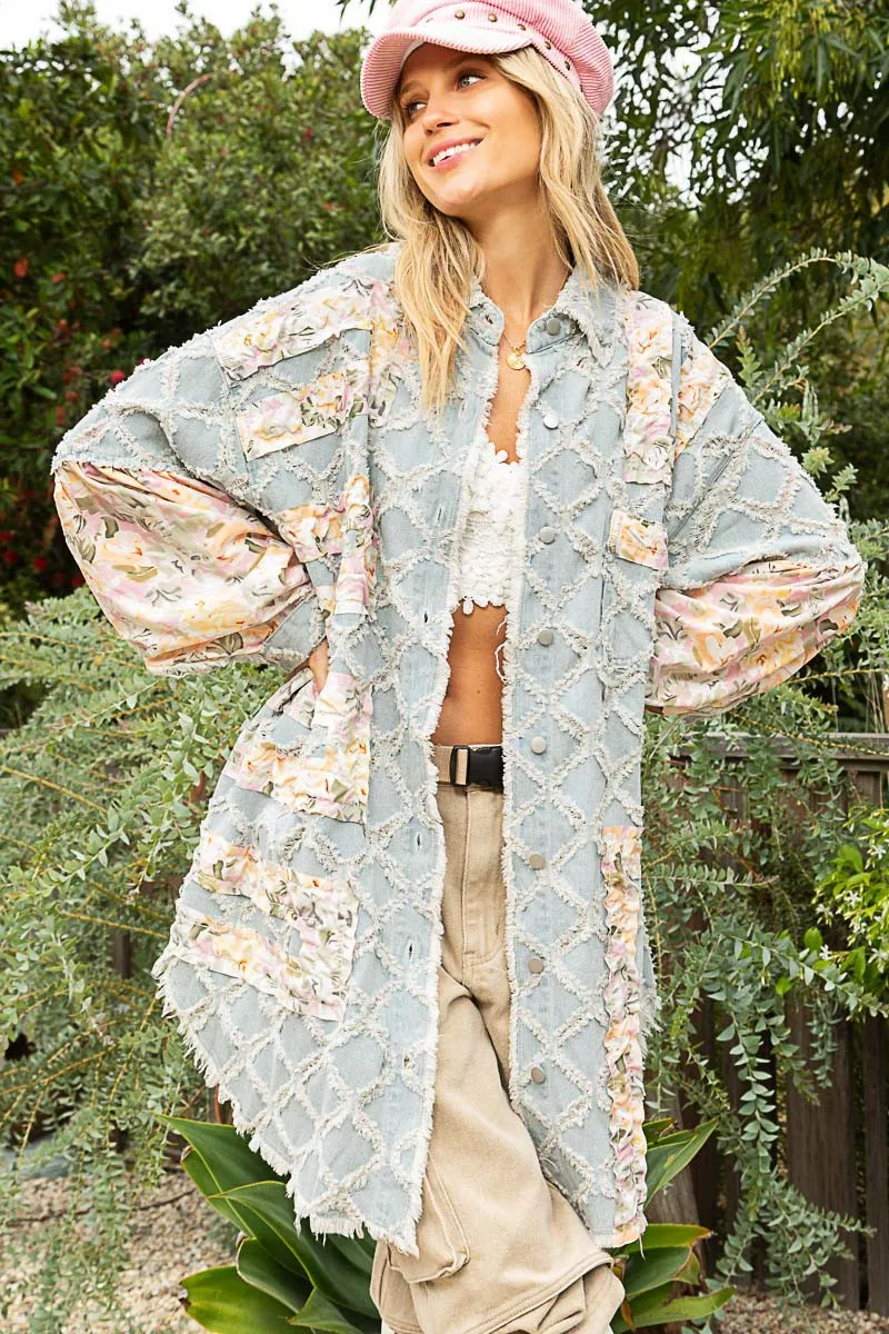 POL Floral Print Frayed Texture Button Down Shacket in Denim