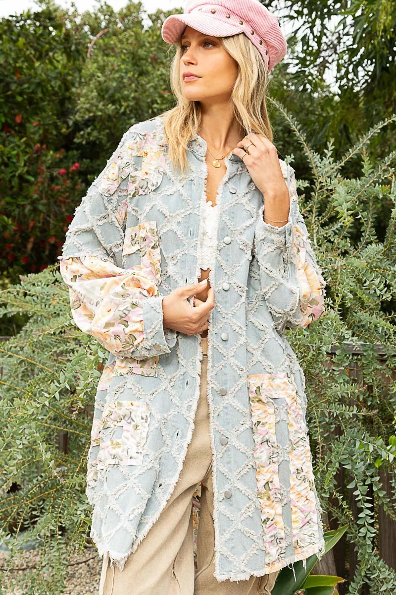 POL Floral Print Frayed Texture Button Down Shacket in Denim