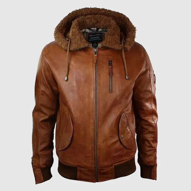 Premium Quality Mens Real Leather Hood Fur Jacket Bomber Aviator Vintage Brown Retro-XL-Tan