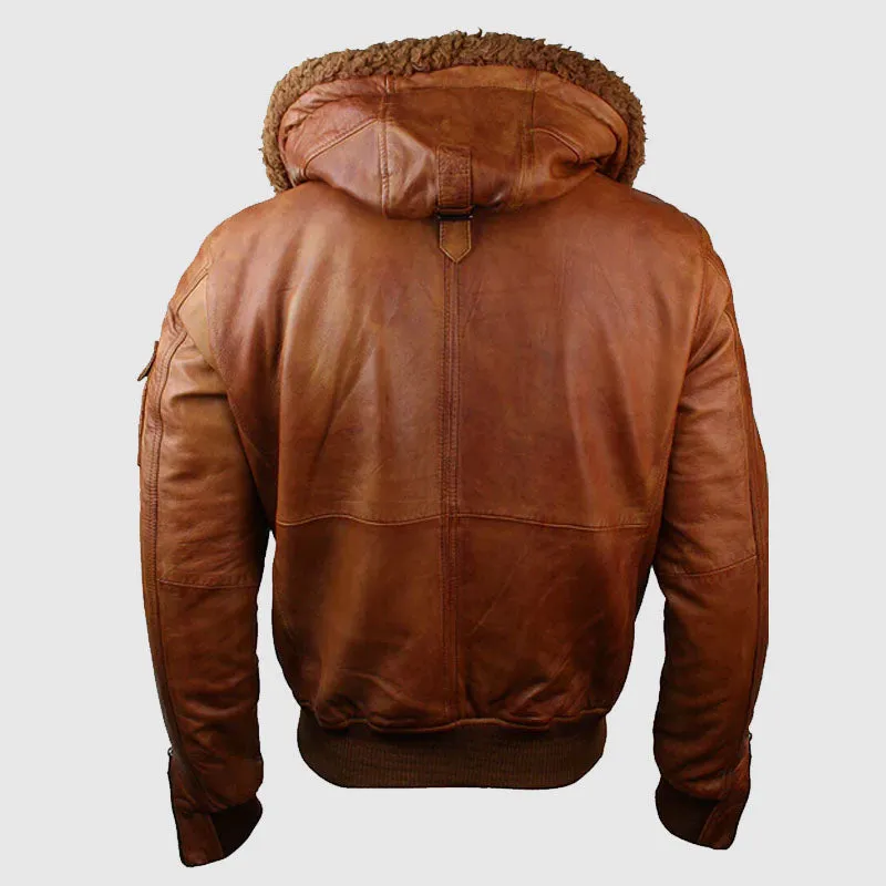 Premium Quality Mens Real Leather Hood Fur Jacket Bomber Aviator Vintage Brown Retro-XL-Tan