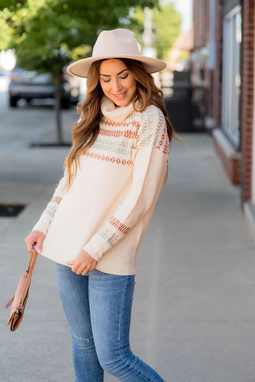 Printed Accents Cowl Neck Sweater