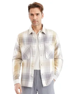 Rare Rabbit Men's Netsk Beige Acrylic Nylon Fabric Full Sleeve Regular Collar With Two Front Pocket Regular Fit Checks Shacket