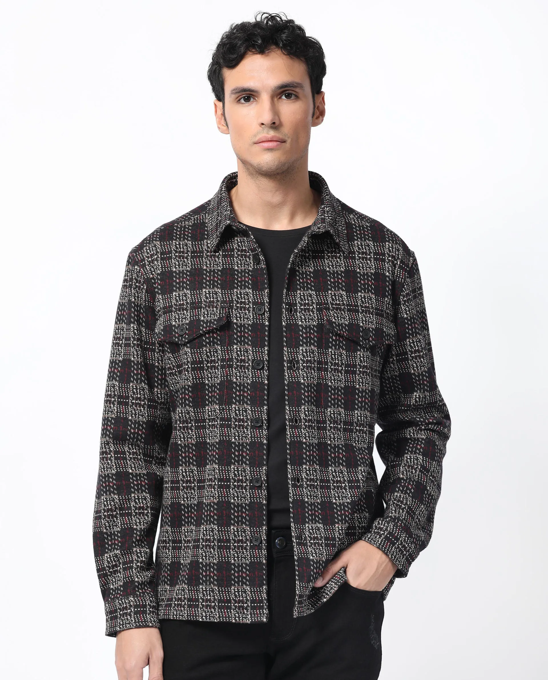 Rare Rabbit Men's Torija Black Cotton Polyester Fabric Full Sleeves Button Closure Checks Shacket